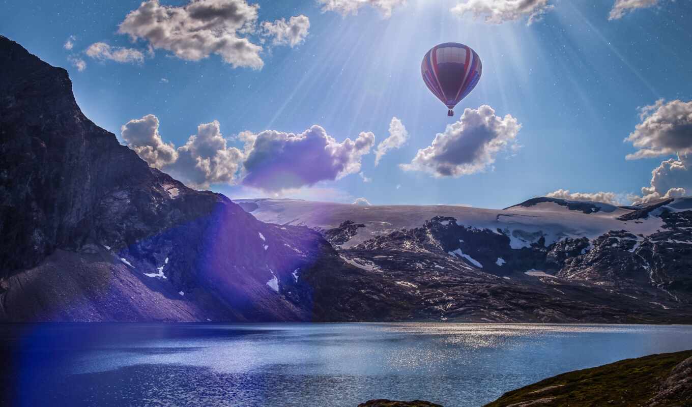 озеро, sun, гора, air, остров, облако, мяч, balloon, norwegian, lofotenskii