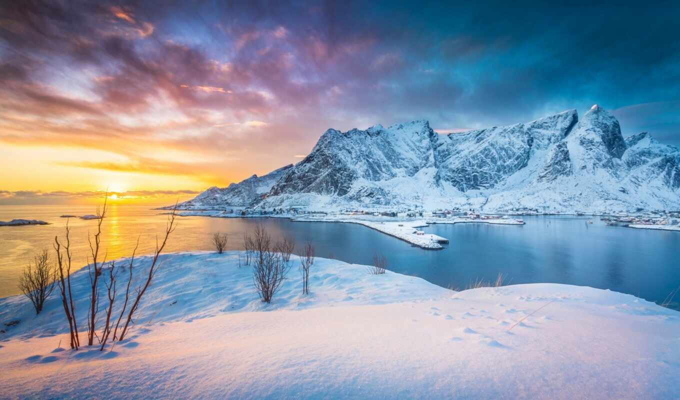 картинка, закат, winter, гора, найти, остров, норвегия, тыс, norwegian, lofoten