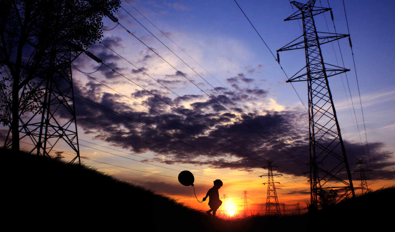 play, sunset, free, lines, air, children, pole, electricity, balls, electrical transmissions