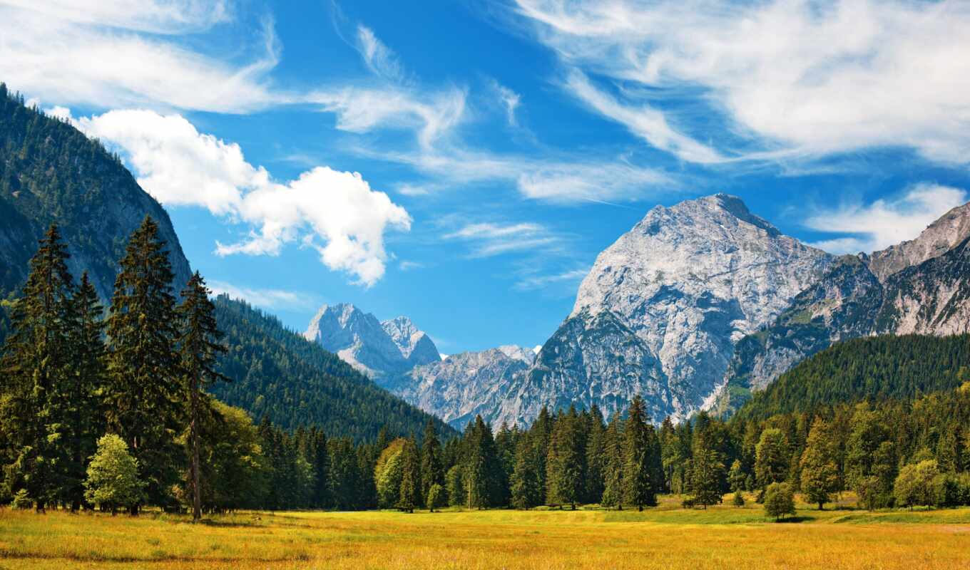 природа, пейзажи -, трава, поле, landscape, trees, альпы, oblaka, горы, баварские