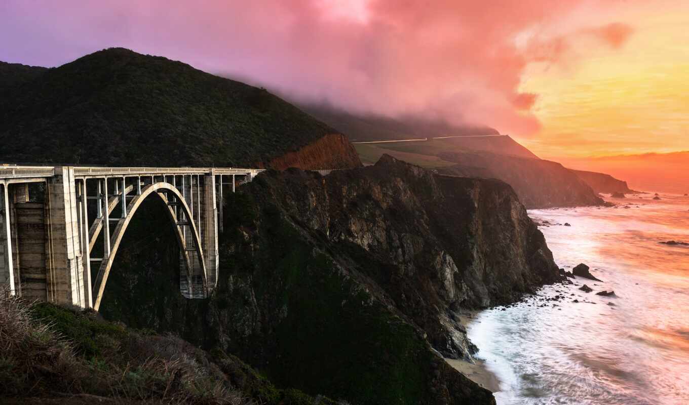 nature, ipad, sunset, Bridge, big, california, coast, on, backwater, bixby