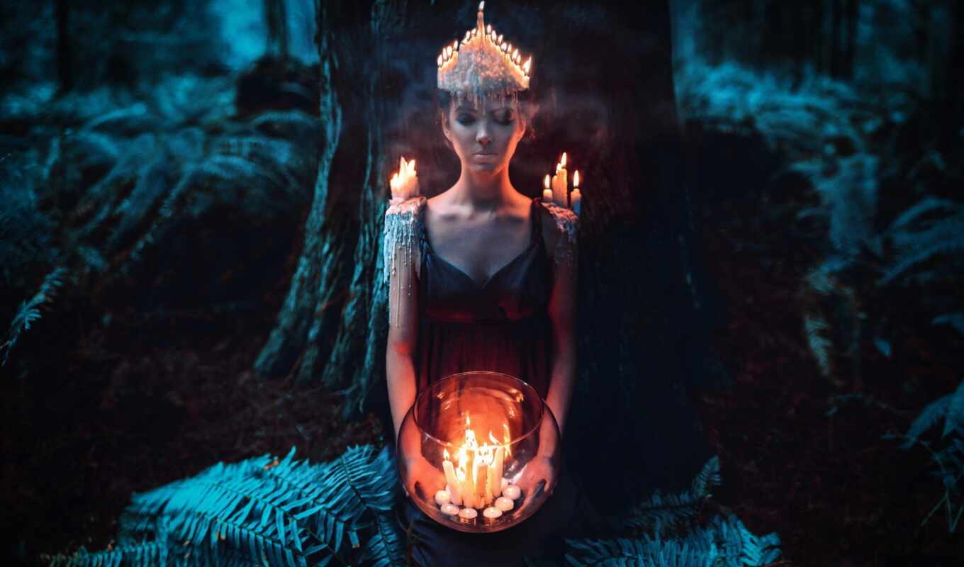 девушка, дерево, лес, свеча, среда, идея