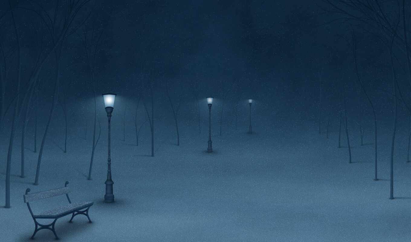 ночь, зима, фонари, парке, зимнем