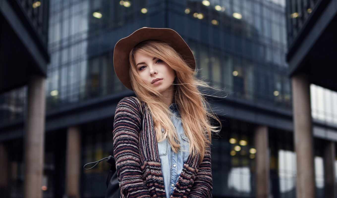 hat, woman, field, hair, maxim, long, outdoors, irina, depth, viewer, rare