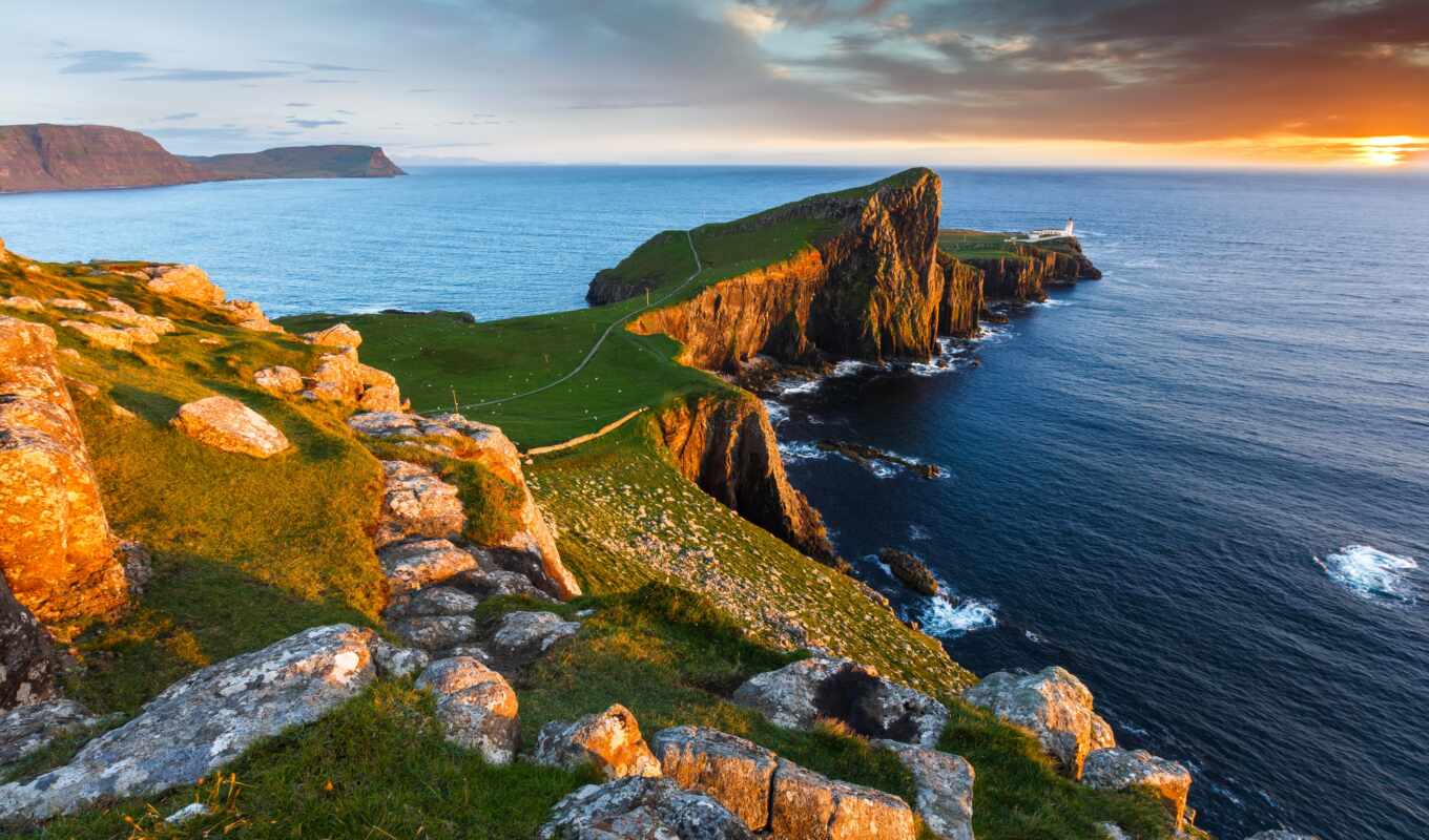 природа, камень, закат, rock, море, lighthouse, горизонт, побережье, шотландия, scotia, point