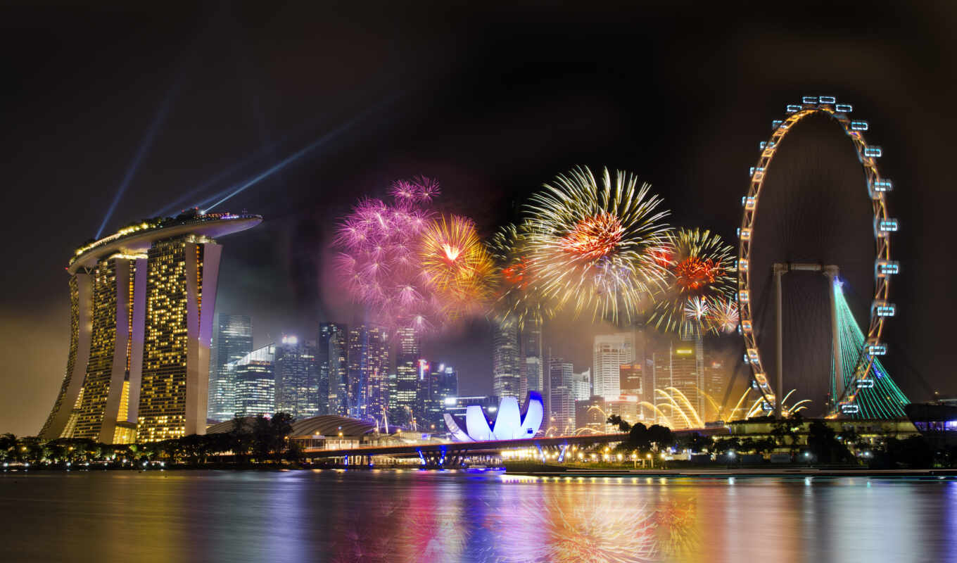 city, fireworks, wheel, singapore