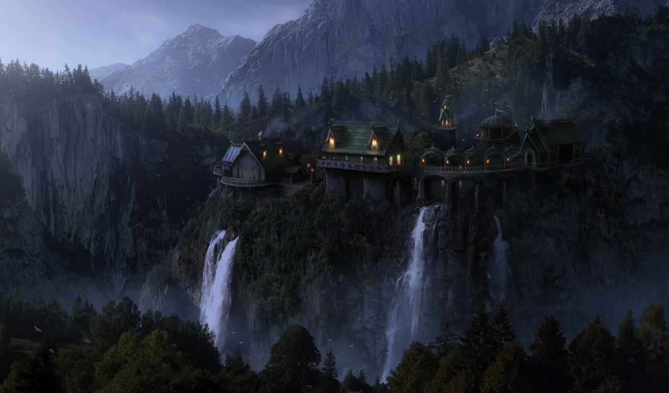 evening, lights, castle, fantasy, rings, lord, wood, waterfalls, elfish, imladris, rivendell