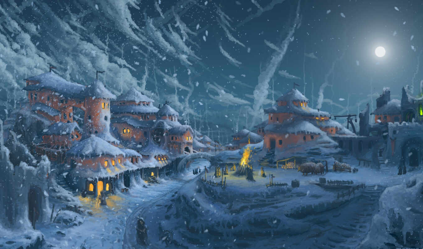 house, город, ночь, луна, снег, winter, fantasy, рисованный, otzyv, adervolzti