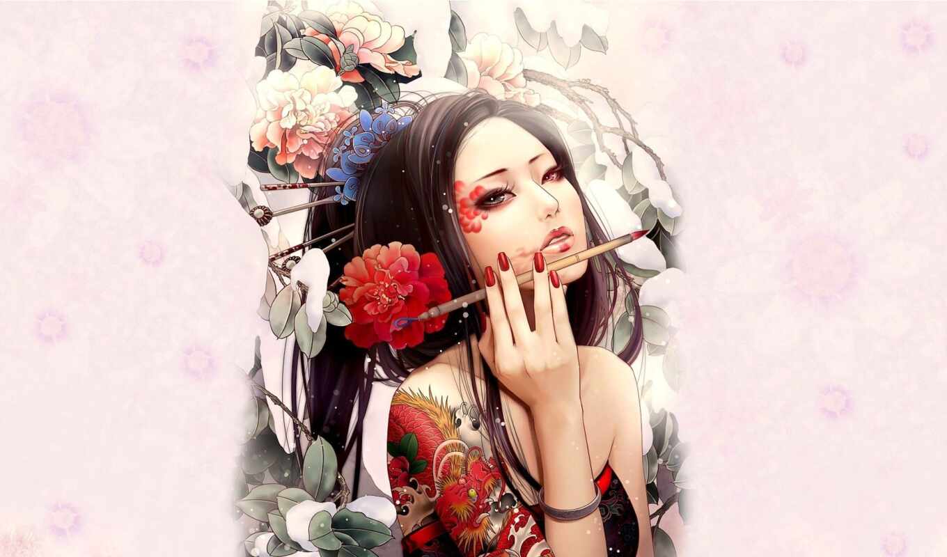 paint, geisha, tattoo, screen
