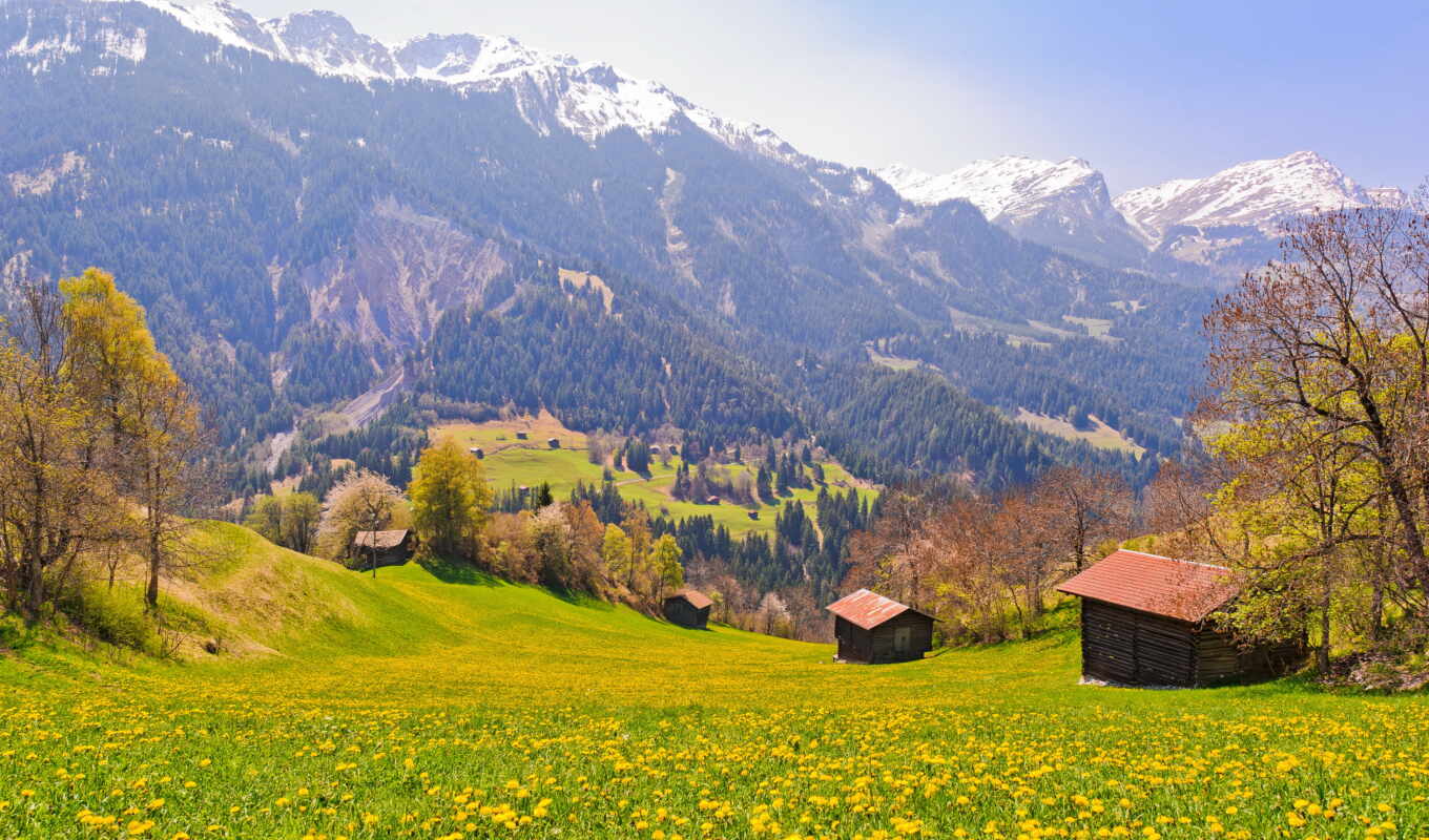 desktop, resolution, field, village, trees, mountains, Switzerland, slopes