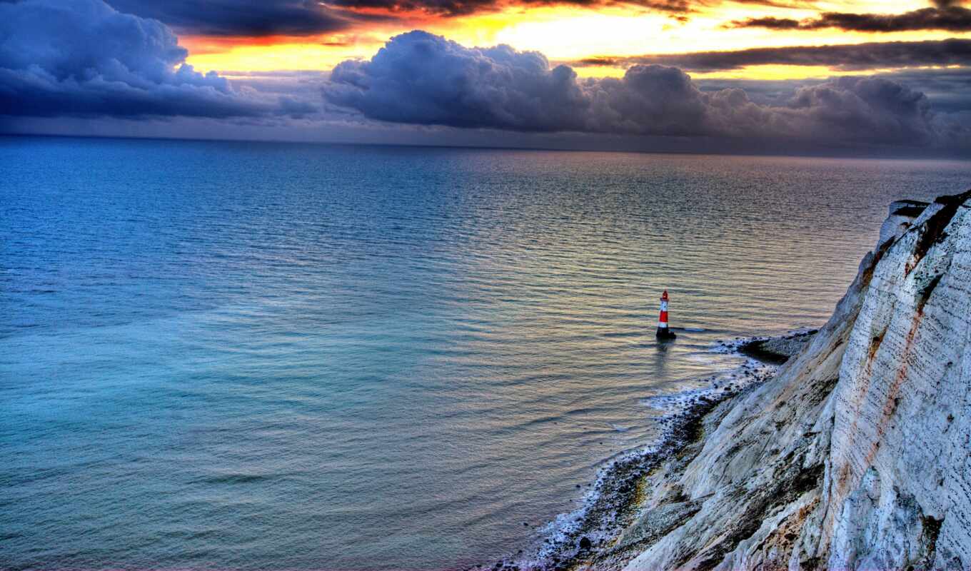 sky, sunset, rock, sea, lighthouse, cloud