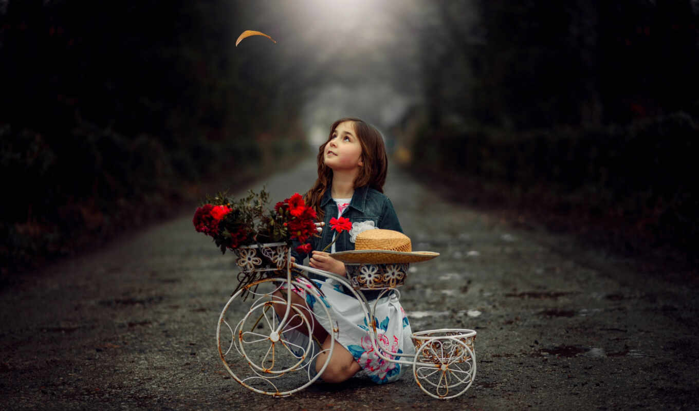flowers, girl, bike
