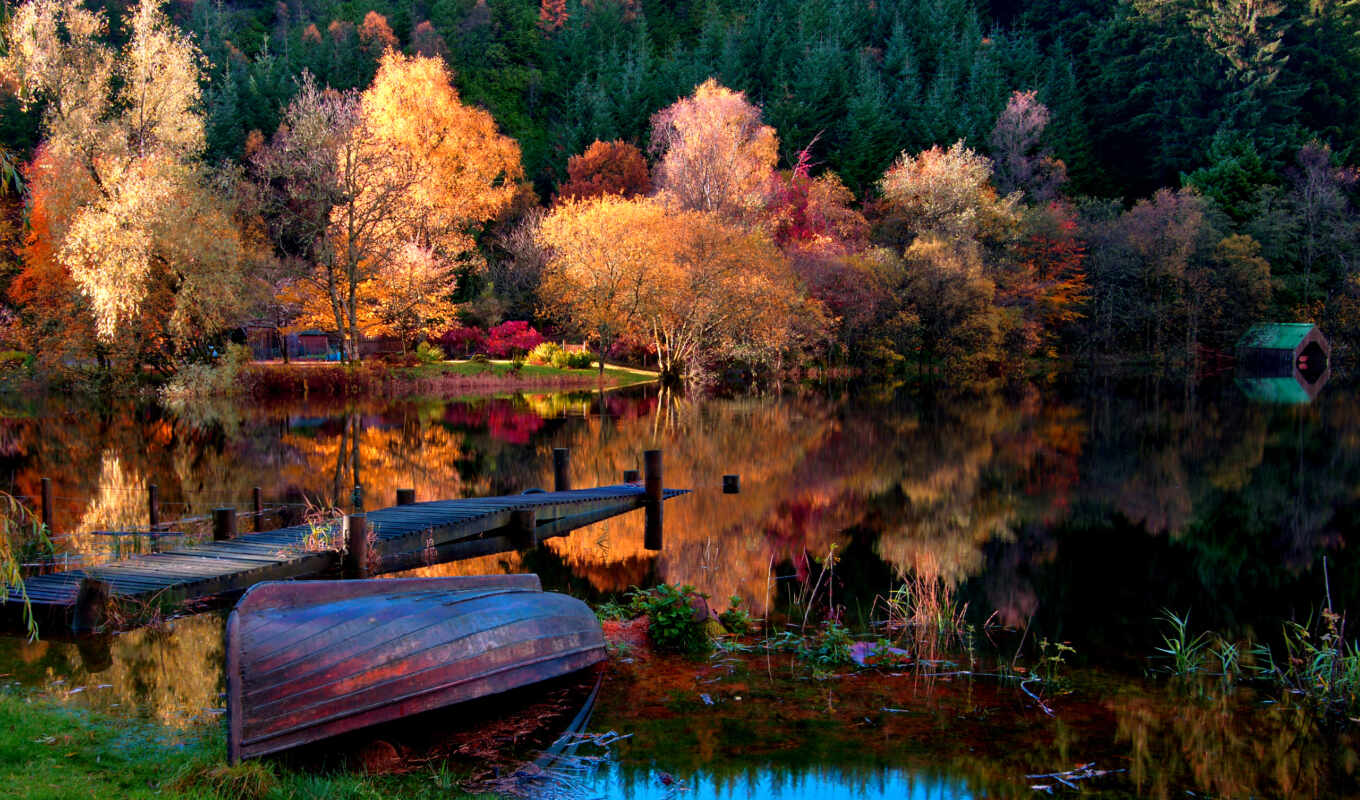 озеро, природа, широкоформатные, дома, лес, landscape, осень, trees, лодка