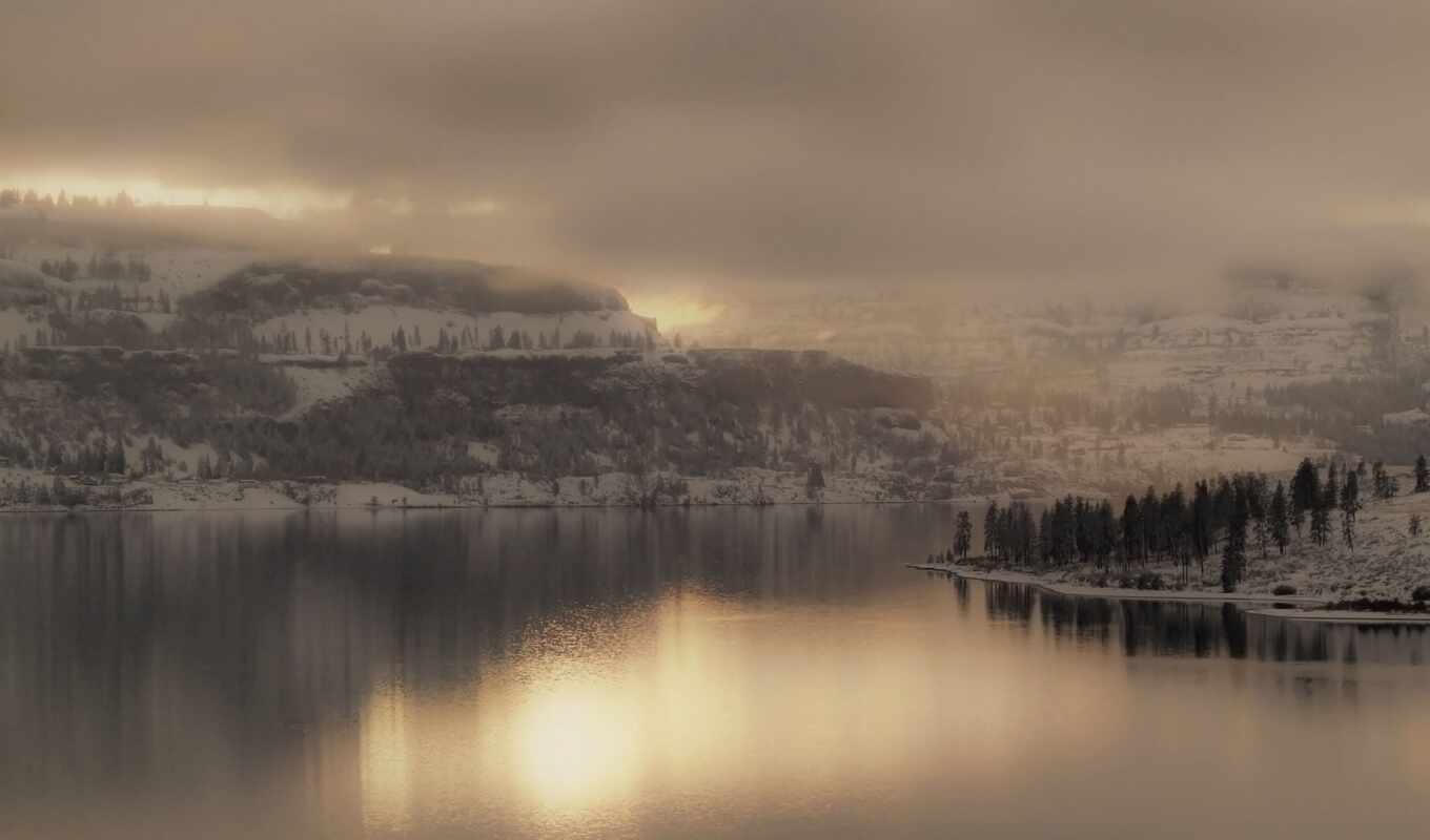 lake, nature, snow, winter, forest, mountain, landscape, fog, weed