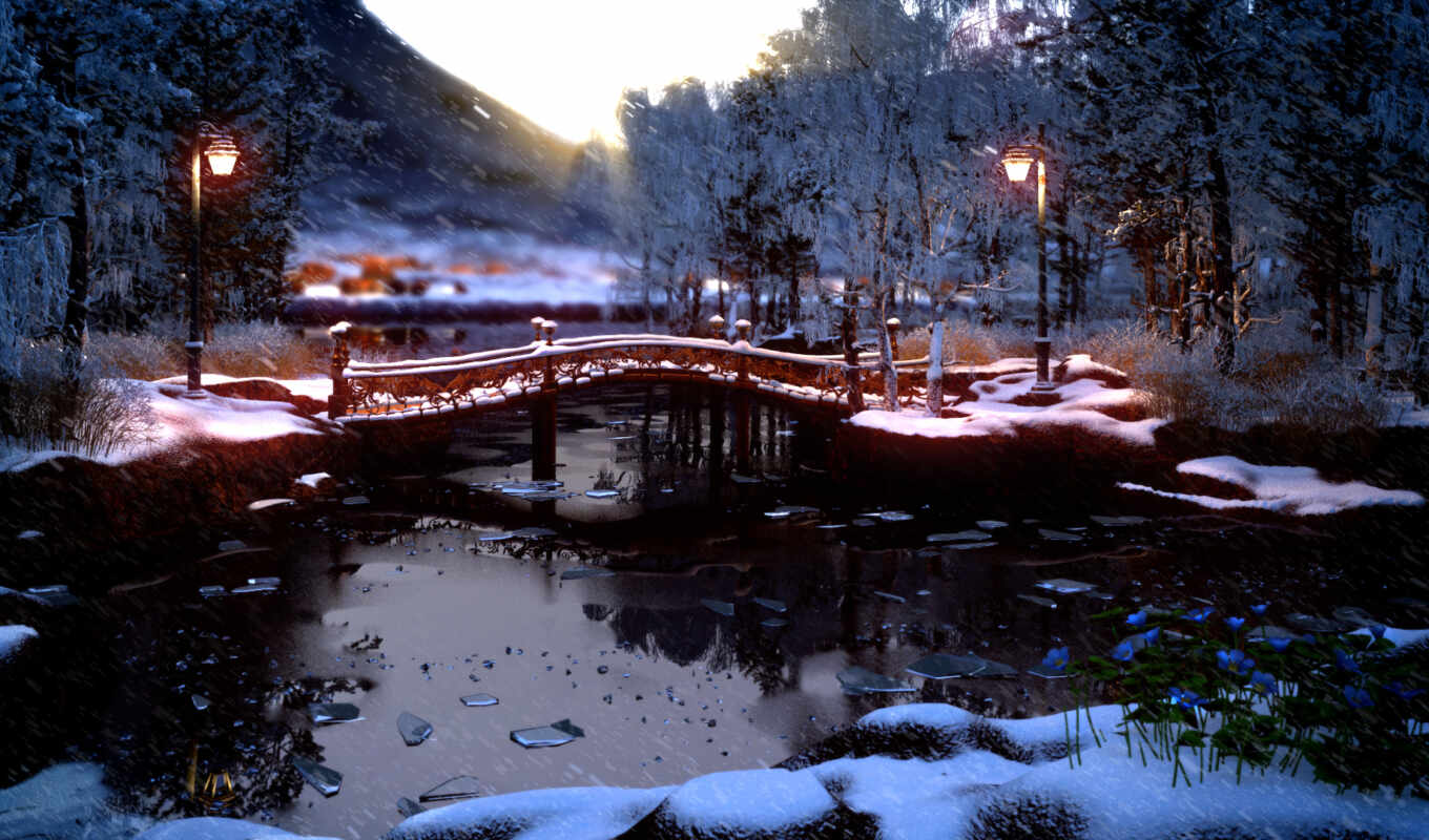 winter, мост, река, melt