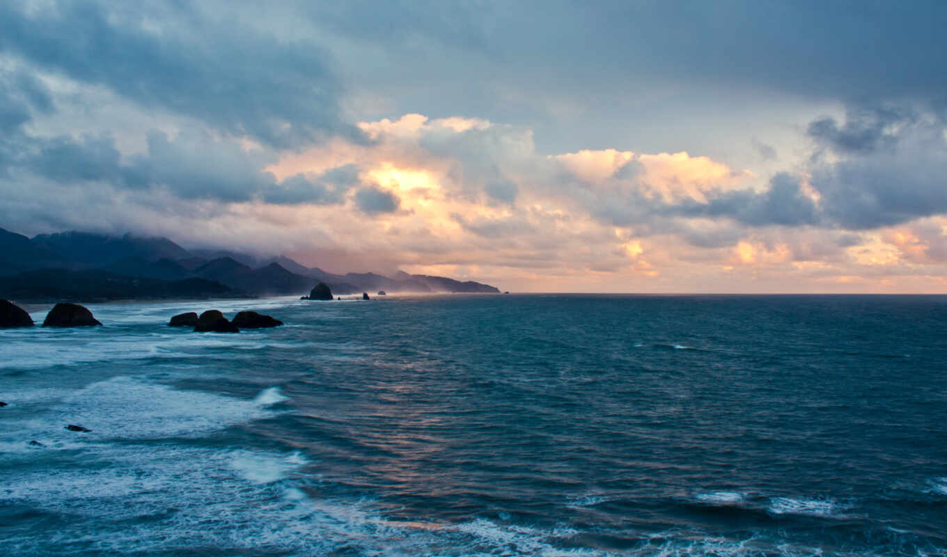 sky, sunset, sea, cloud, stones, the waves, rocks, mountains, smile
