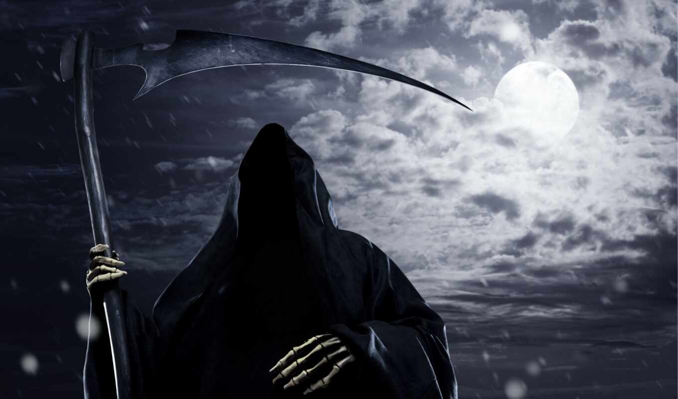 black, rain, moon, cloud, death, reaper, scythe, gloomy