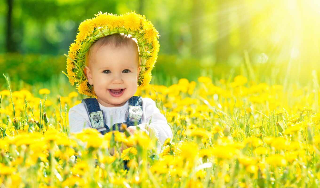 light, smile, dandelions, baby, happy, kid, sunny, a wreath, meadow, dandelions