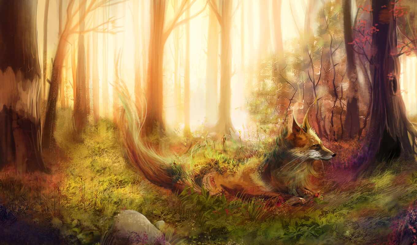 forest, fox, art, fentezti