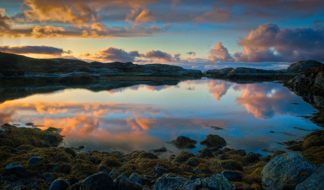 lake, nature, sky, sunset, landscape, coast, suns, rising, norway, norwegian