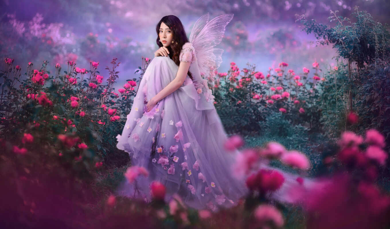 nature, good, flowers, rose, mobile, girl, butterfly, beautiful, fairy, pink