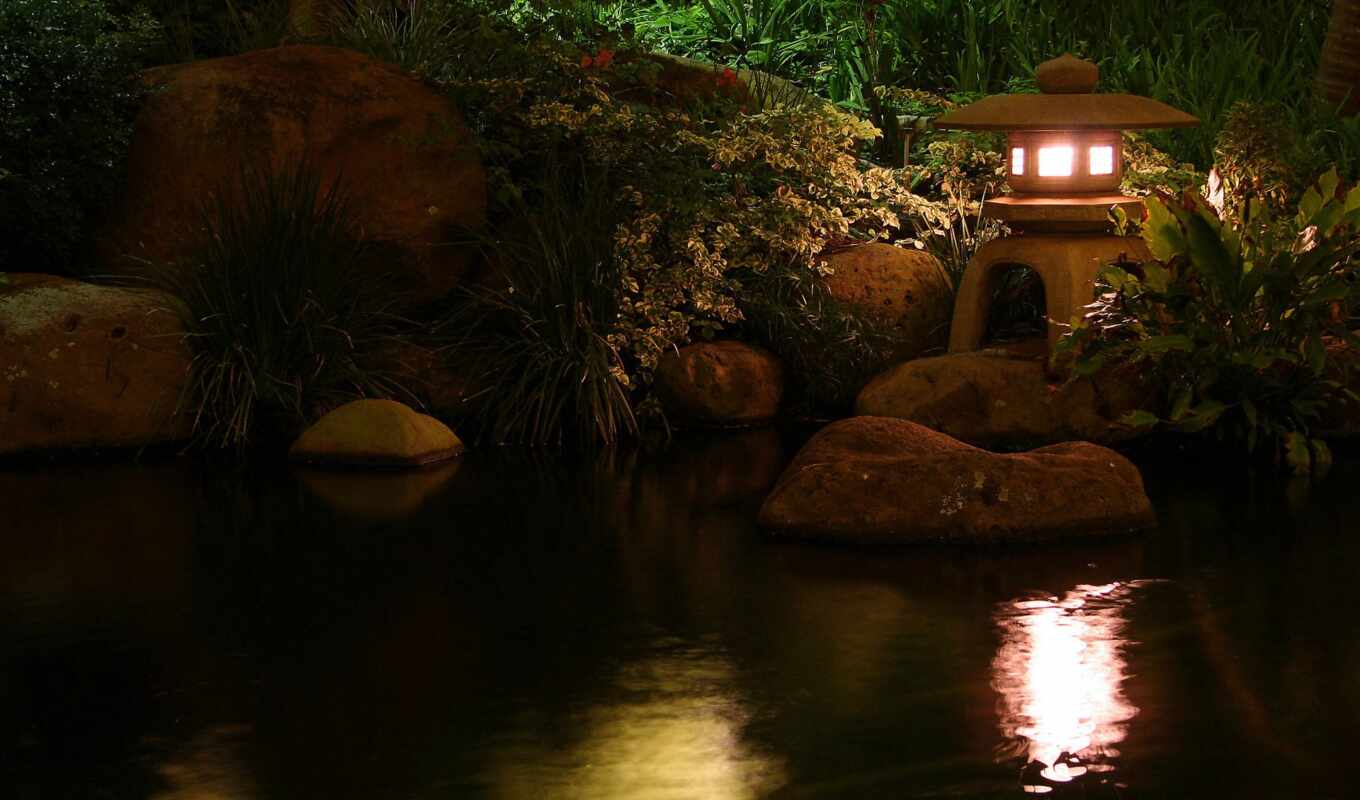 pond, dacha, chinese woman, lantern