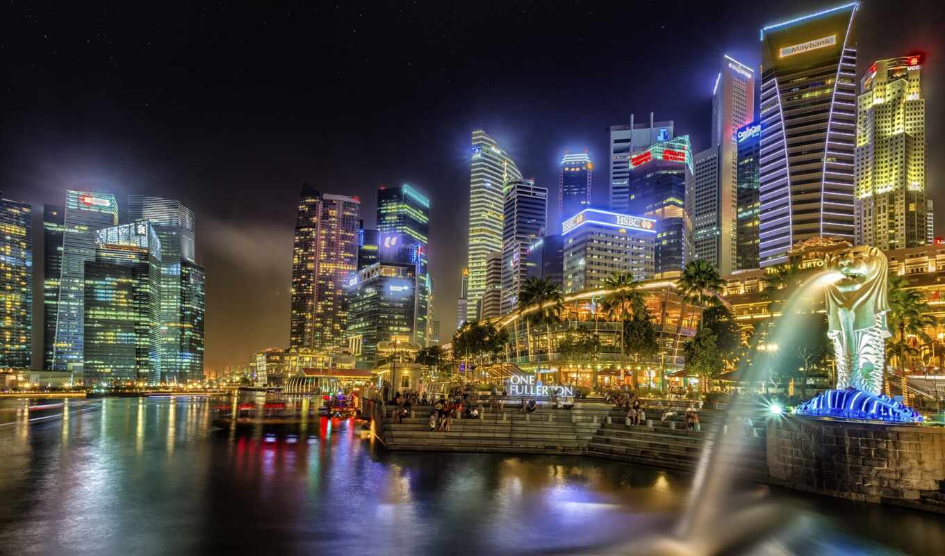 фото, картинка, город, ночь, castle, огонь, park, плакат, мегаполис, singapore, merlion