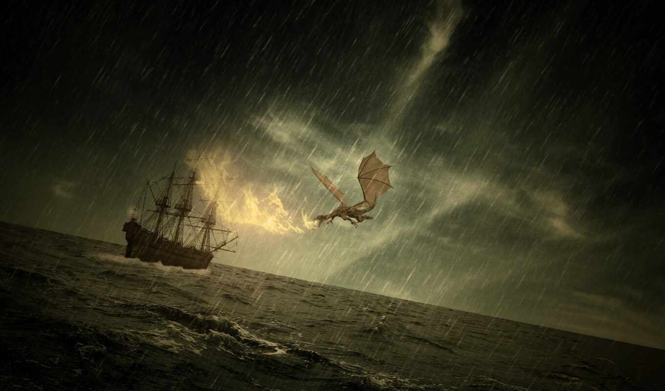 art, the storm, ship, sea, dragon, fire, fantasy, medieval