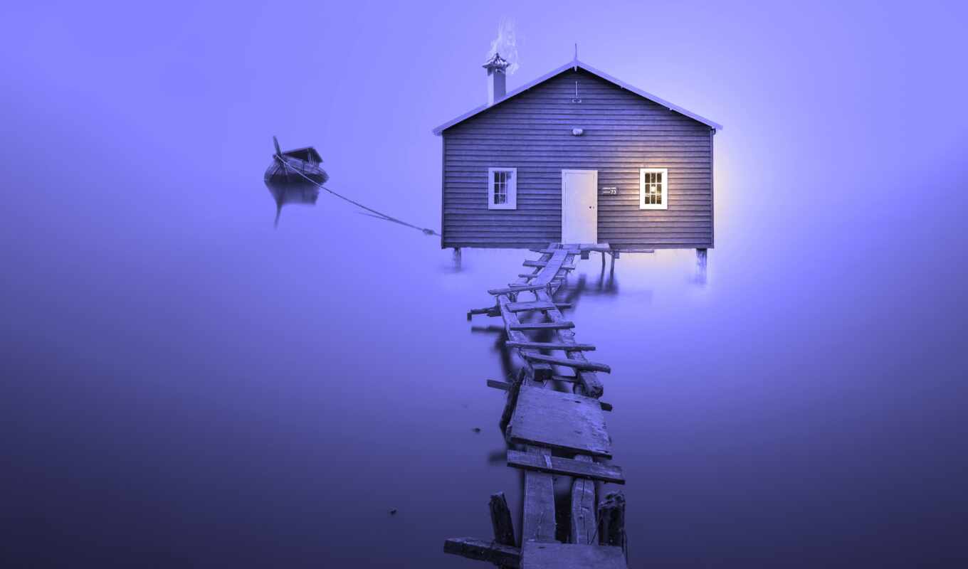 озеро, house, лодка, minimal, foggy