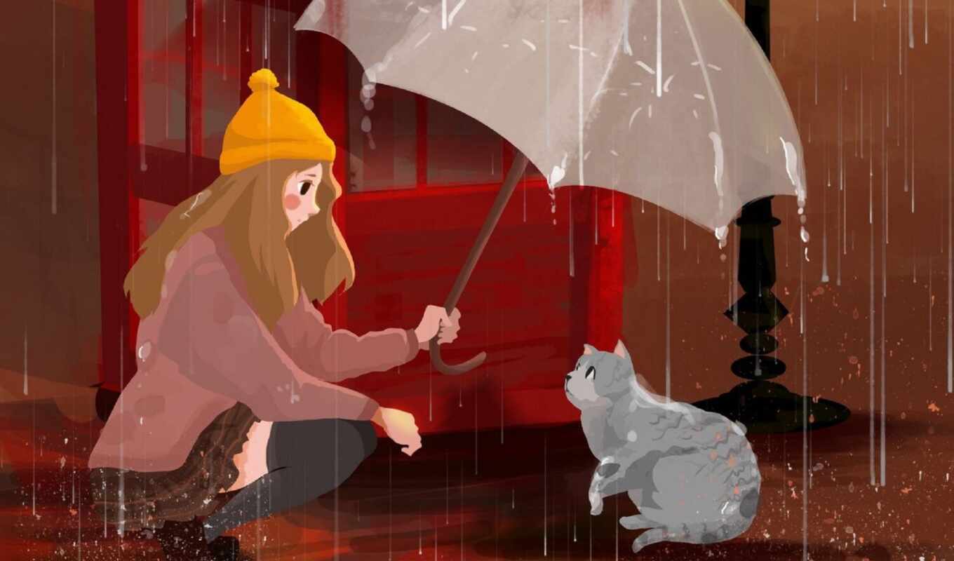 mobile, дождь, кот, зонтик, арт, smartphone