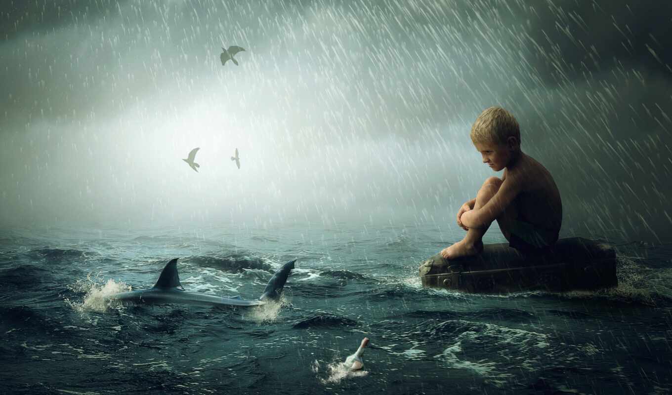 rain, sea, wave, boy, shark, mocah, lluvium