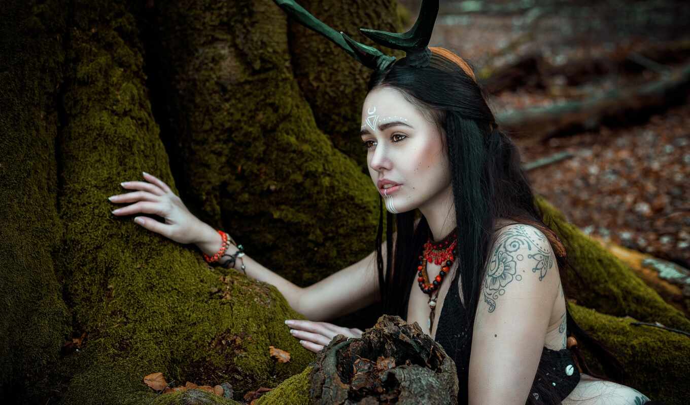 girl, forest, horned, tat