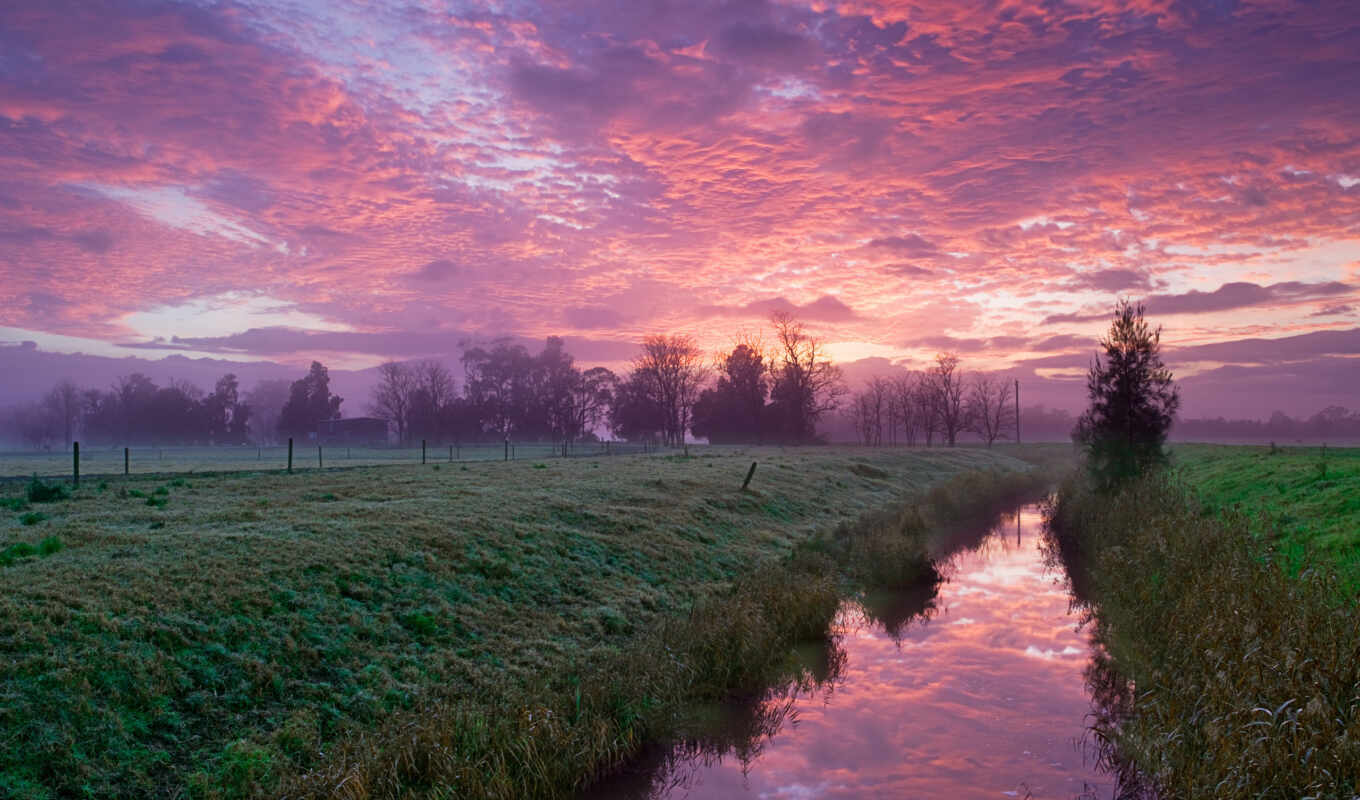 nature, sky, channel, field, pink, morning, river, cloud, light, coming, pink