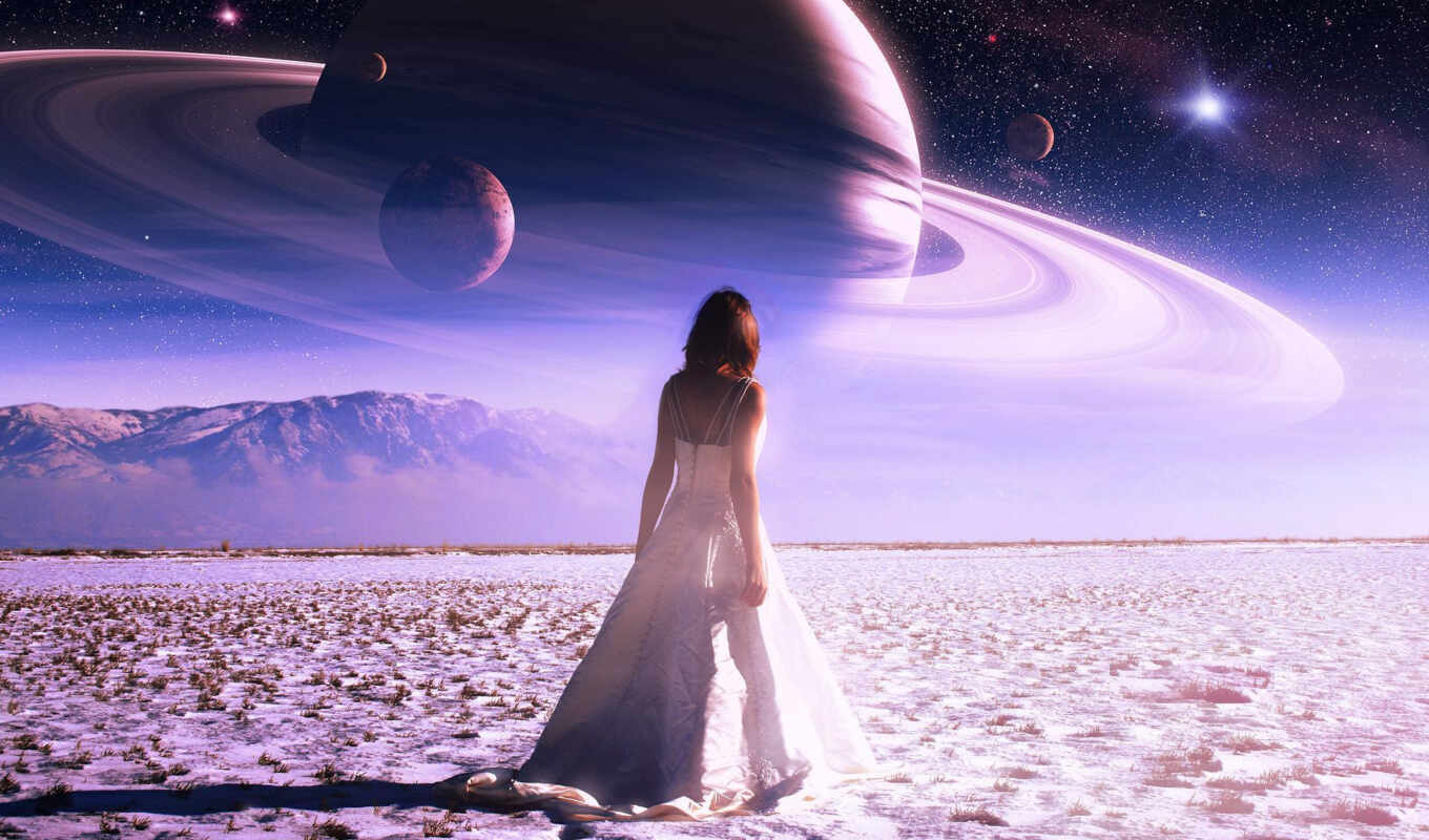 sky, girl, planets, planet, stars, mountains