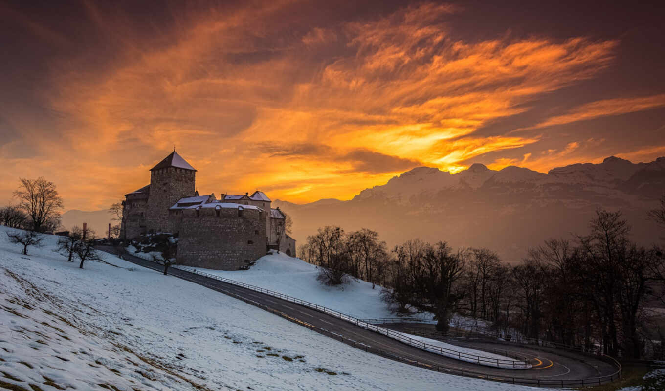 picture, sunset, snow, winter, mountain, road, landscape, castle, the alps, liechtenstein, kastil