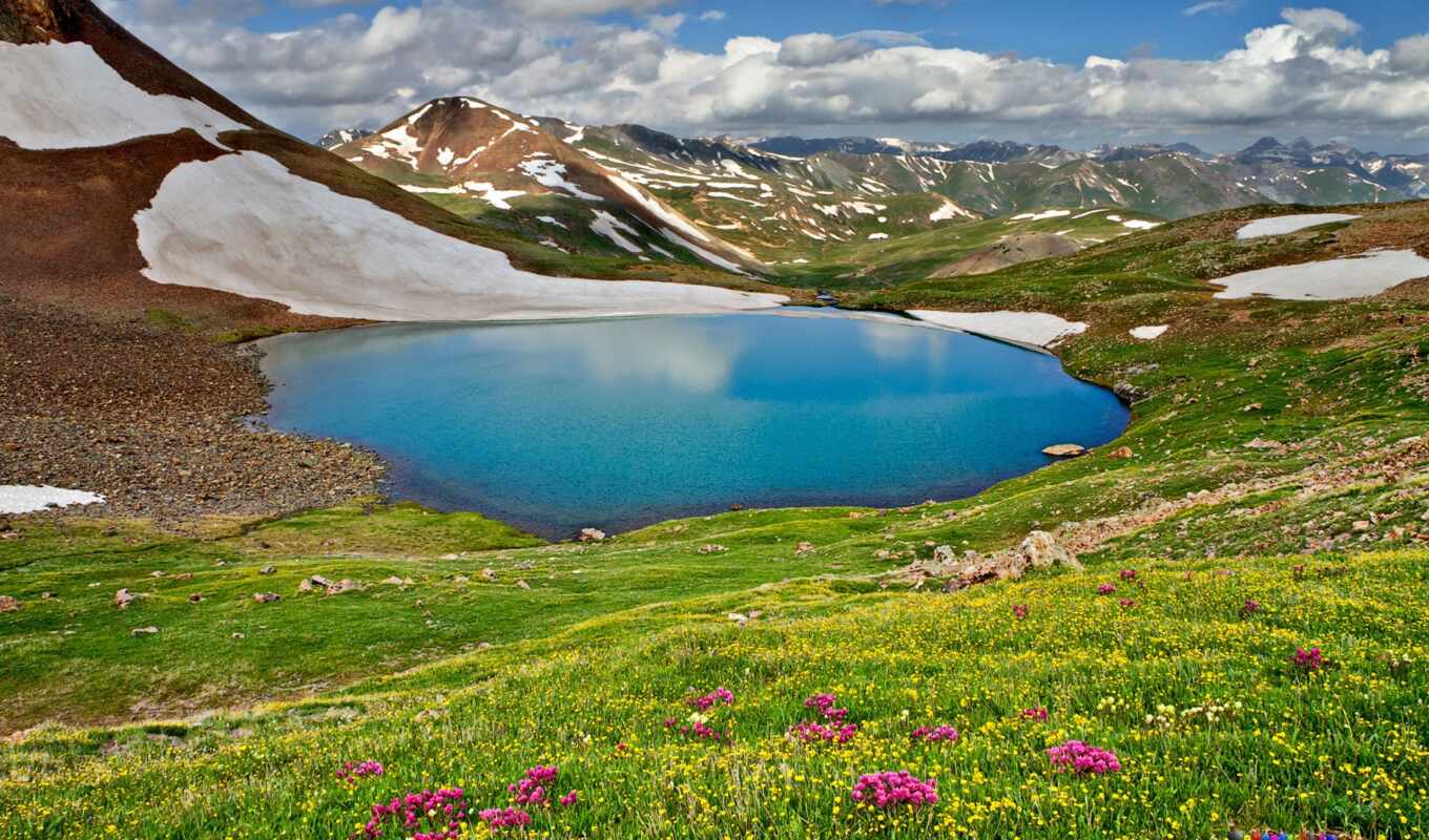 озеро, природа, небо, широкоформатные, трава, landscape, весна, cvety, oblaka, горы