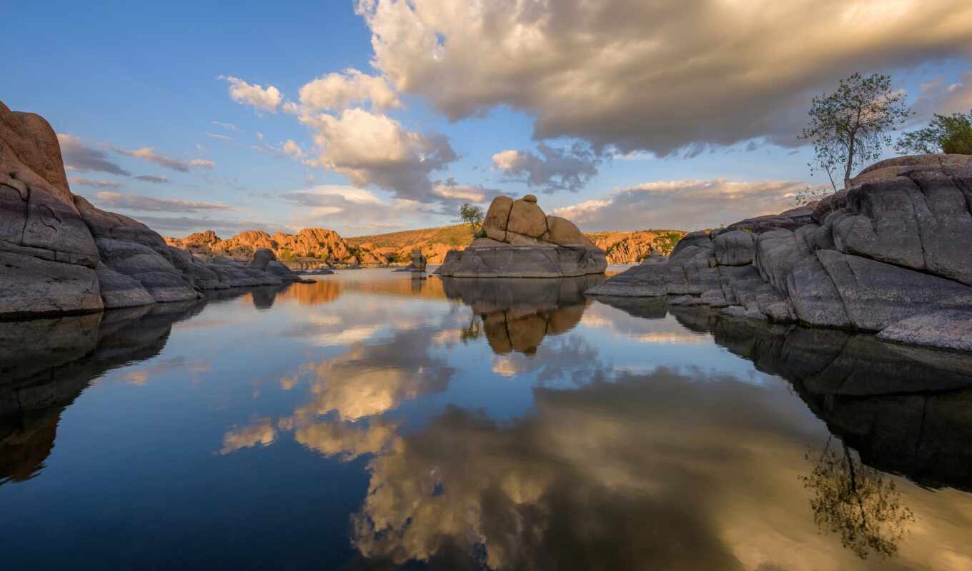 озеро, природа, rock, usa, облако, отражение, arizona, prescott