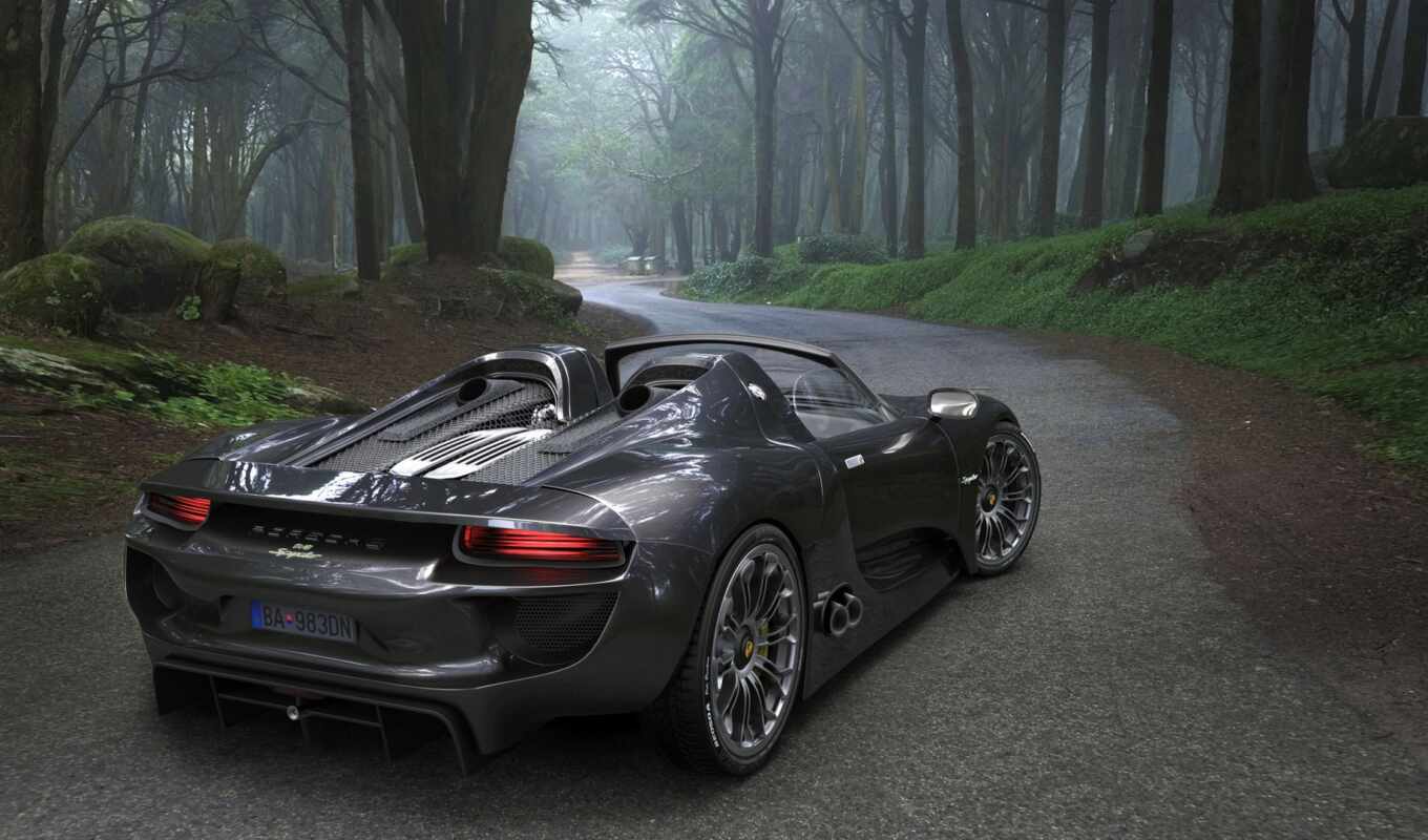 large format, high - quality, forest, road, car, Porsche