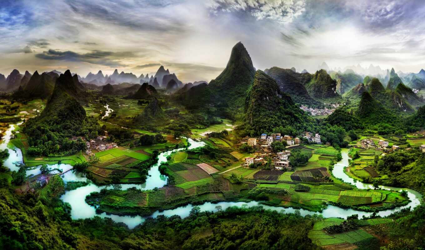 nature, mountain, landscape, village, river, china, chinese woman