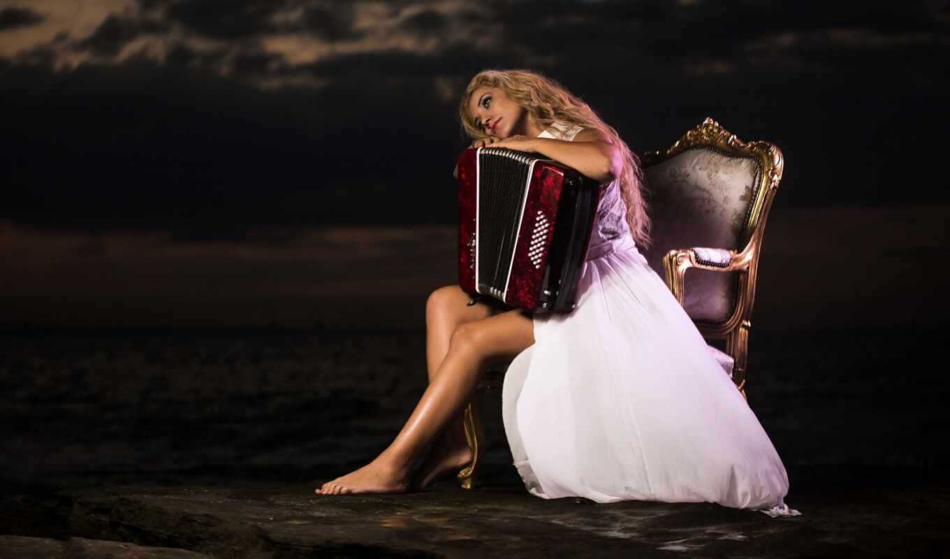 girl, blonde, armchair, dress, mood, girl, accordeon