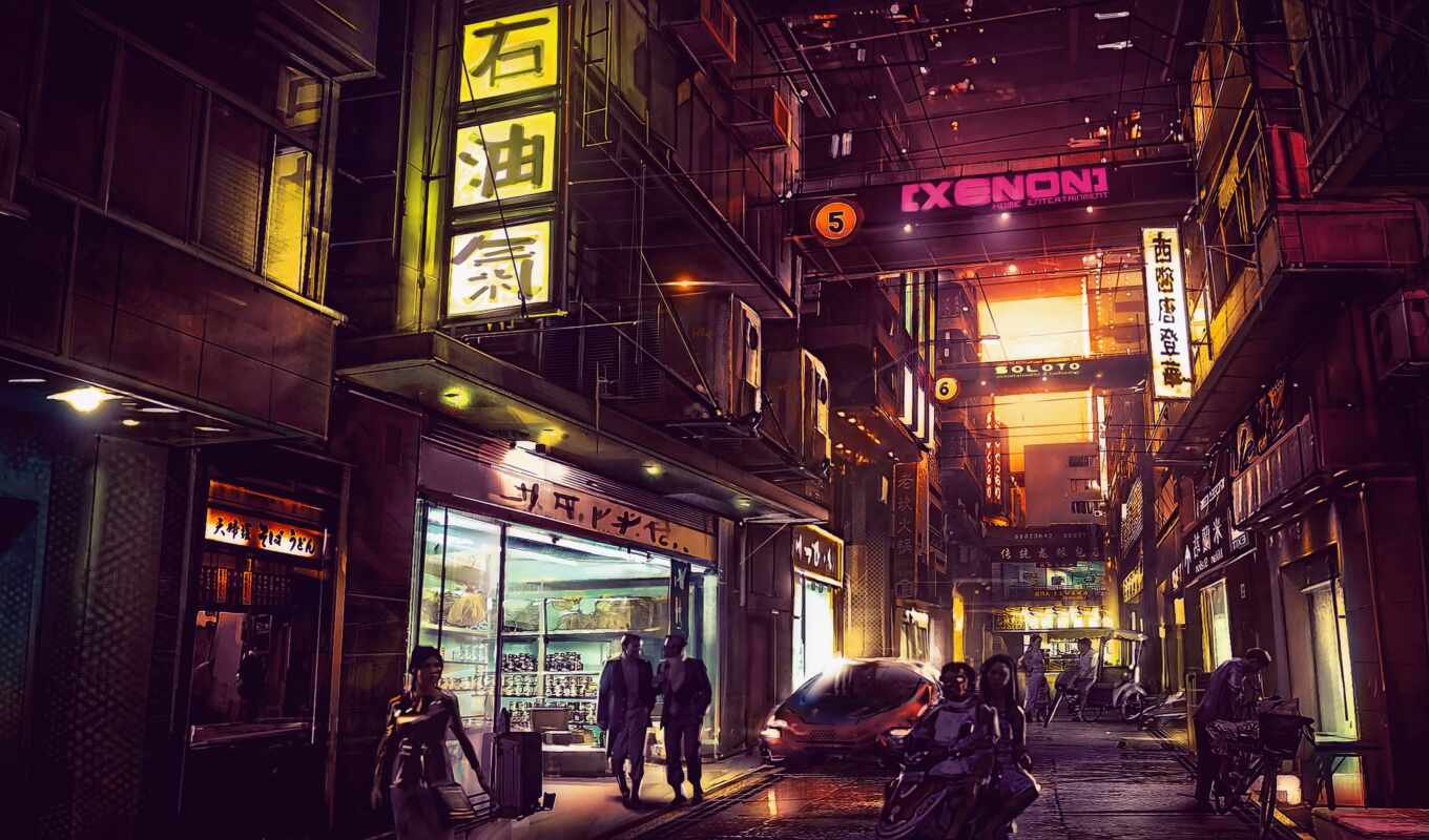 view, game, city, night, wide, deus, human, revolution, neon, cyberpunk, futuristic