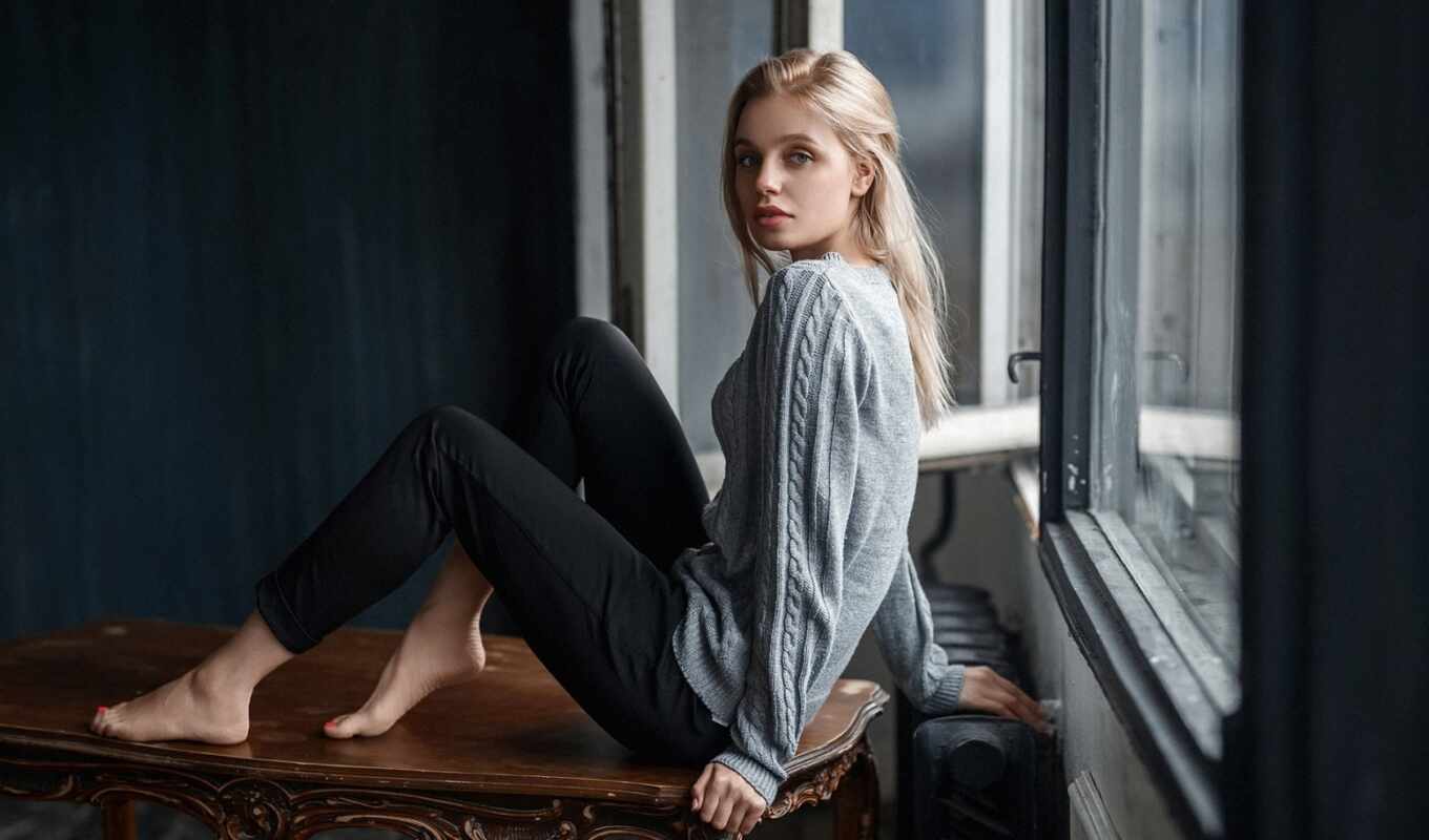 woman, russian, see, sit, pants, sweater