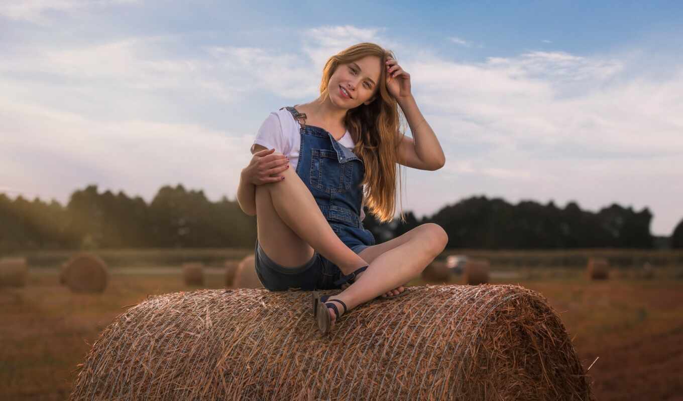 girl, farm, hay, stack, overall