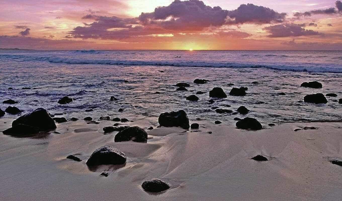закат, пляж, море, hawaii