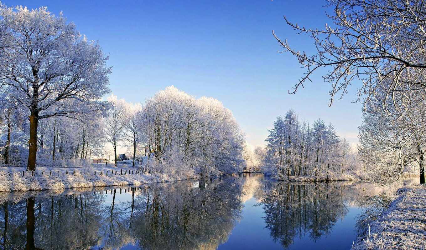 природа, небо, blue, дерево, снег, winter, landscape, река
