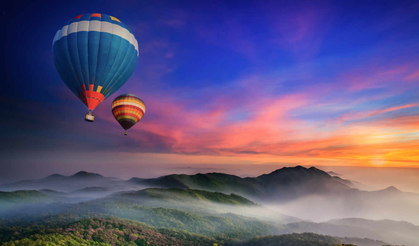 природа, закат, гора, air, landscape, hot, утро, balloon