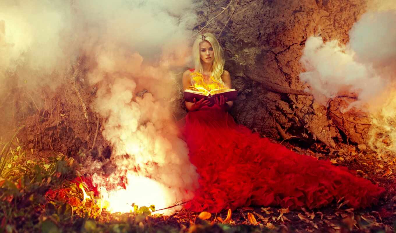 girl, book, sits, red, model, dress, red, fire, hands, devushki