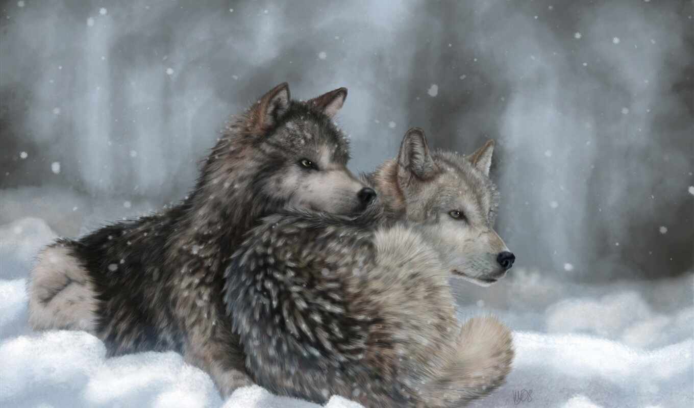 art, free, снег, winter, живопись, animals, волк, wolves