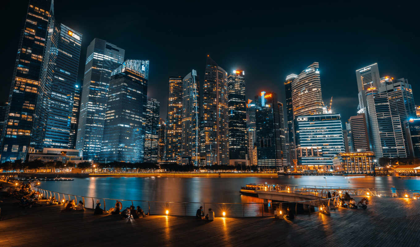 город, ночь, bay, singapore