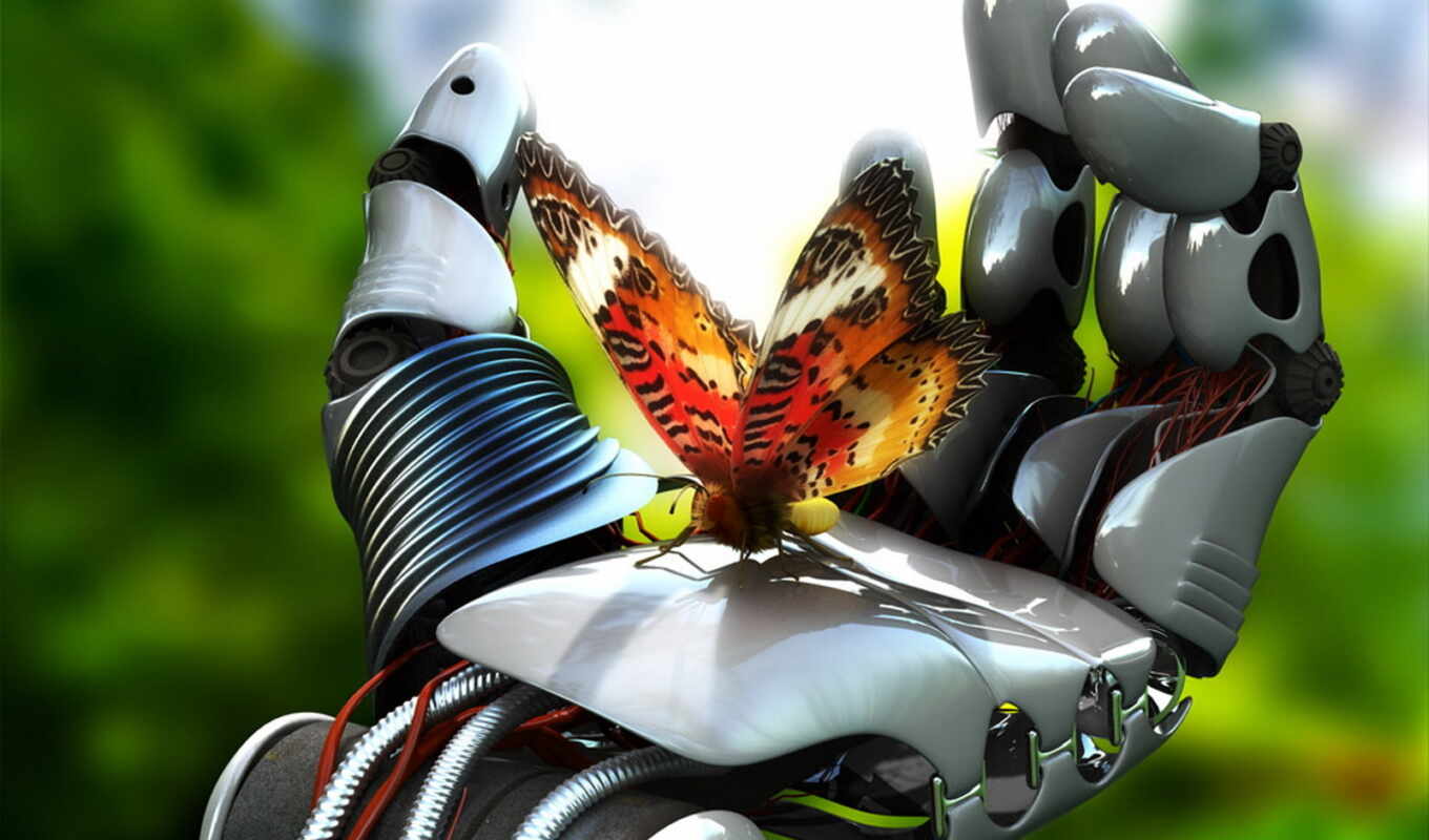 butterfly, hand, cyborg